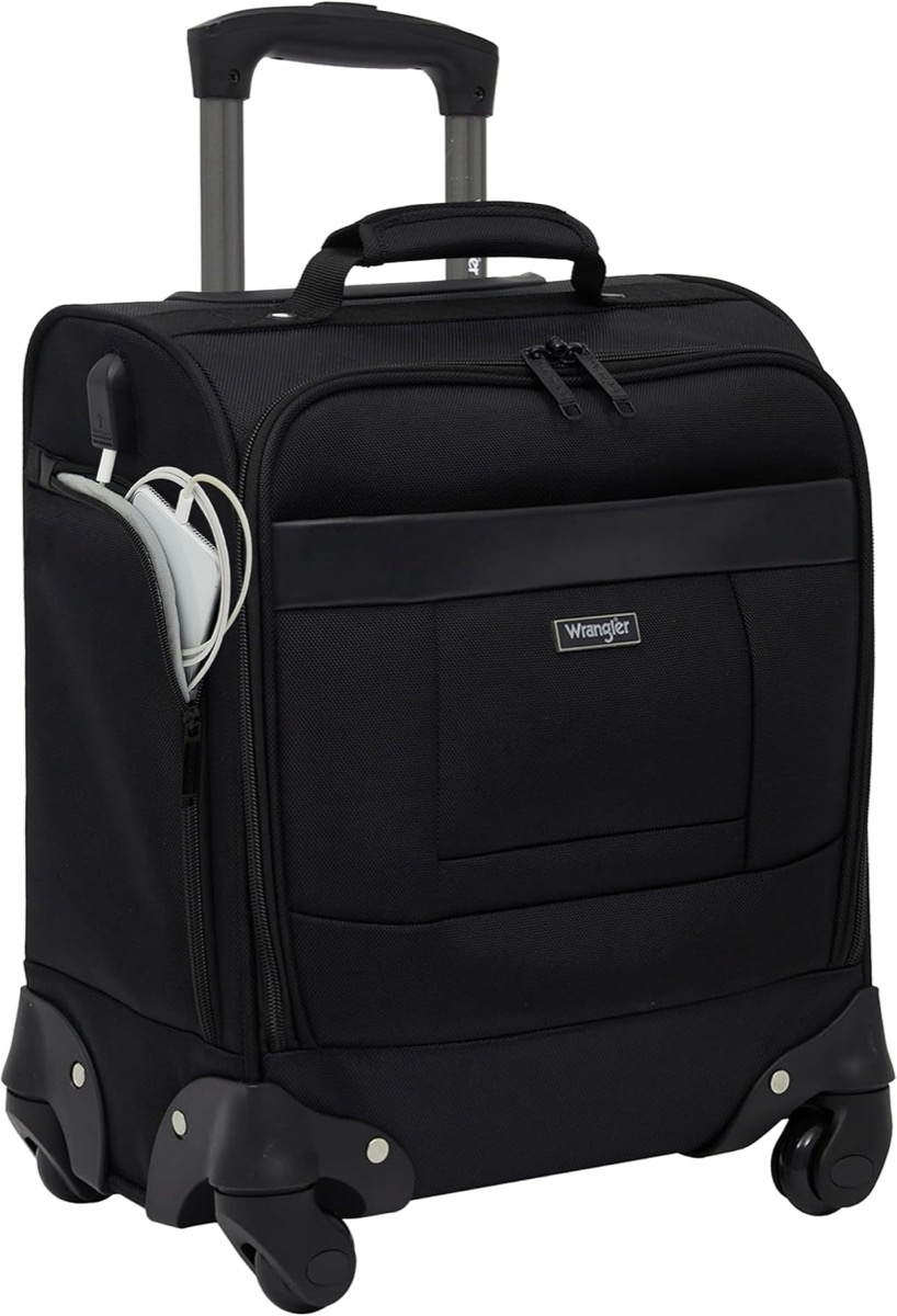 Wrangler 17" Underseat Spinner Carry-On Luggage, personal item bag, 16.5 by 13 by 8 inches